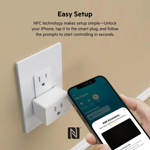 Smart Plug With Thread For HomeKit And Siri Control NFC Easy Setup Apple iPhone iPad Compatible Outlet For Home Automation Works With Apple Home App No Hub Needed White in wall socket with iPhone NFC pairing.