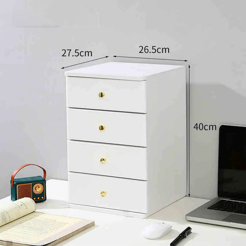 Solid Wood Desktop File Cabinet With Four Drawers Home Office Organizer For Papers And Supplies White Finish Compact Countertop