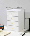 Retro Wooden Desktop File Cabinet With 4-Tier A4 Storage Box for Office Supplies, white finish on desk with size measurements.