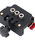 Dead On Precision Self Centering Doweling Jig Kit With Spot On Drill Guide Locator showing black body with steel bushings.