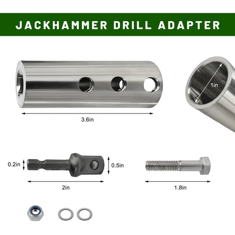 Beefed Up Trailer Jack Drill Adapter And Crank Handle Attachment Kit Featuring Half Inch Socket Converter Plus Fast Install Electric Drill Connector For One Inch Drive Shafts Camping Must Have showing measurements and components of drill adapter.