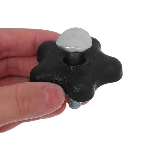 Upgrade Your Gear With Heavy Duty Lawn Mower Handle Bolts And Knobs For Easy Install. These Quality Plastic And Metal Mechanical Hardware Kits Offer Comfortable Grip For Garden Tractors And Snow Blowers Repair Jobs Without Breaking The Bank. black plastic mower handle knob with metal bolt, held in hand