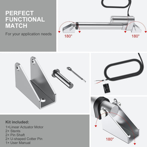 Justech 12V heavy-duty linear actuator kit with 1 motor, 2 mounting brackets, 2 pins, 2 cotter pins, and wiring