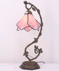 Pink Tiffany Style Stained Glass Table Lamp With Metal Leaf Base, cozy desk reading light in 8x10x21 inch size