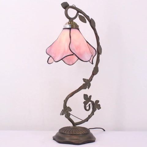 Pink Tiffany Style Stained Glass Table Lamp With Metal Leaf Base, cozy desk reading light in 8x10x21 inch size