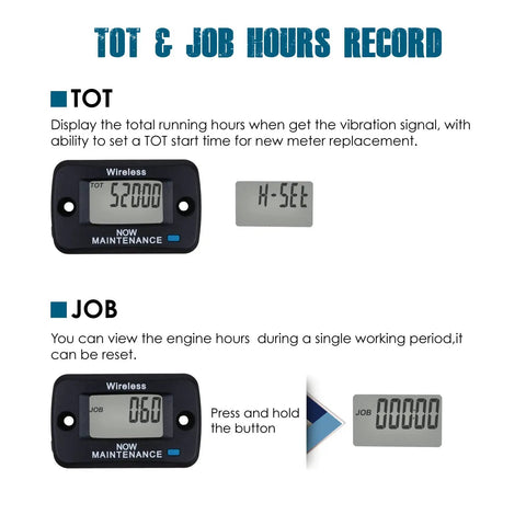 Digital Vibration Activated Hour Meter Gauge For Engine Hours Tracking And Maintenance Scheduling Keeps Tabs On Total And Run Time With Resettable Previous Hours Five Independent Maintenance Channels on black display