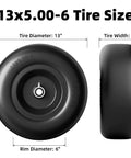 Flat Free 13x5.00-6 Tire And Wheel Set For Zero Turn Mowers, black front and side view, labeled dimensions, solid design