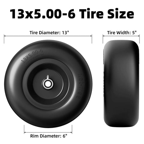 Flat Free 13x5.00-6 Tire And Wheel Set For Zero Turn Mowers, black front and side view, labeled dimensions, solid design