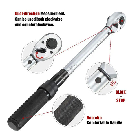 Half Inch Drive Click Torque Wrench Dual Direction Adjustable, 10-150 Ft-Lb, 72-Tooth Head, display of features and handle