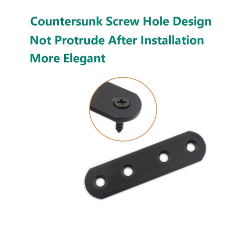 Heavy Duty Black Iron Flat Mending Plates For Wood, 4 Pack showing countersunk screw hole design for elegant installation.