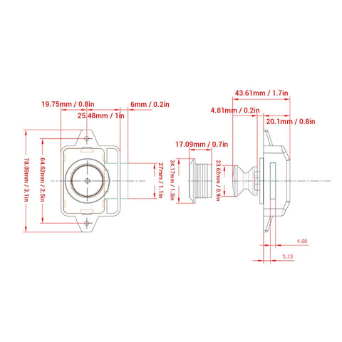 Technical drawing of Keyless Cabinet Push Button Lock Latch for motorhome caravan yachts, showing dimensions and design features.