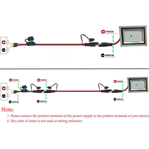 SAE To O Ring Terminal Harness With 15A Fuse setup diagram, showing connection to power and ground points, for cars and motorcycles.