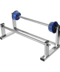 Manual Stretch Film Tool With Cutter And Adjustable Hand Operated Wrap Dispenser Stand For Easy Warehouse Wrapping Of Regular Supplies And Cargo Packaging Film In Lightweight Metal Plastic Construction, silver metal frame with blue rollers