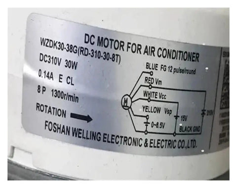 Label on Beefed Up Brushless DC Motor For Air Conditioner Inverter Fans WZDK30 38G RD 310 30 8T Replacement Part