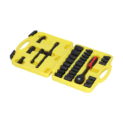 Heavy Duty Socket Set With One Half Inch Ratchet Drive And Eight To Thirty Two Millimeter Sockets in yellow case