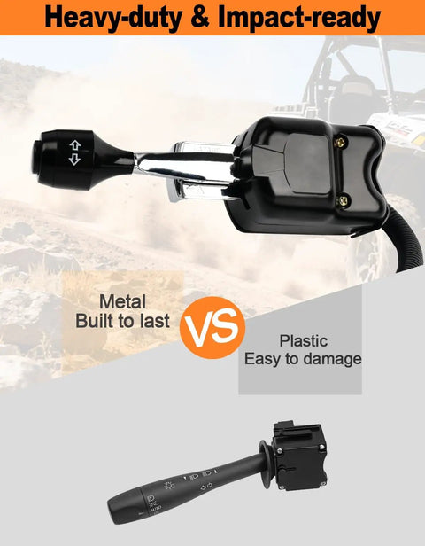 Comparative view of UTV Turn Signal Kit With 110dB Horn Plug And Play Prewired Blinker Kit With Lever Column Switch DC 10-48V 10A Street Legal For Polaris Can Am Teryx Golf Cart Easy DIY Extension Cable Included highlighting metal durability versus plastic.