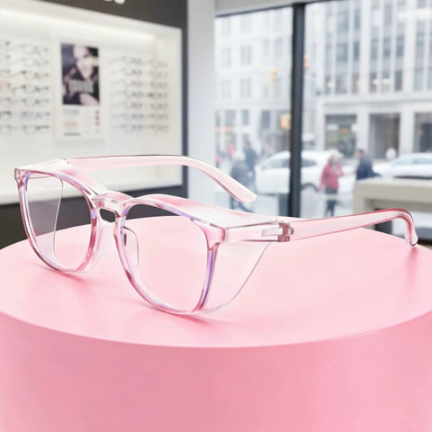 Women Anti Fog Safety Glasses Featuring Crystal Clear Protective Vision And Scratch Resistant Shields Built For Outdoor Cycling And Daily Tasks Delivers Zero Haze Clarity and smooth featherlight comfort displayed on a pink pedestal.