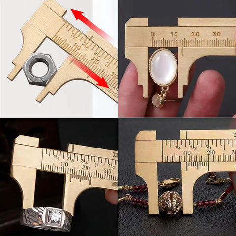 Pocket Brass Vernier Caliper With Double Scale Sliding Gauge Bead Measuring Tool Mini Gold Ruler 100mm Millimeter Gauge For Jewelry Making And Handy Quick Precise Measurements On The Go shown measuring jewelry and hardware