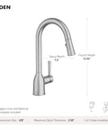 Adler Chrome One Handle Kitchen Faucet With Power Clean Spray and specifications on size, installation, and reach.