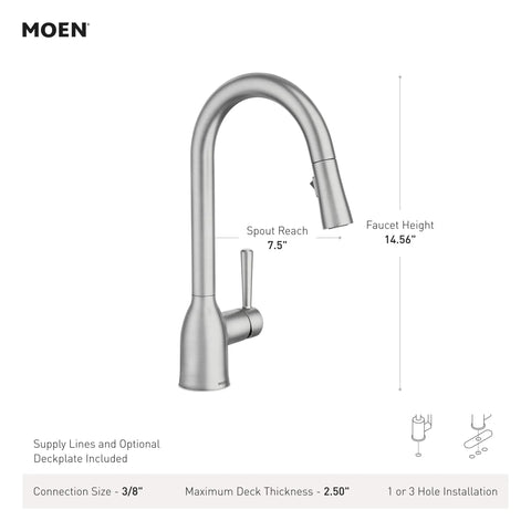 Adler Chrome One Handle Kitchen Faucet With Power Clean Spray and specifications on size, installation, and reach.