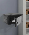 Legit Heavy Duty Wall Mount Network Server Cabinet For Organizing Tech Gear Including Switches Routers And Patch Panels With Solid Steel Frame In A Sleek 6U Rack Box mounted on a wall with glass door open.