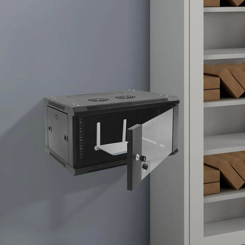 Legit Heavy Duty Wall Mount Network Server Cabinet For Organizing Tech Gear Including Switches Routers And Patch Panels With Solid Steel Frame In A Sleek 6U Rack Box mounted on a wall with glass door open.
