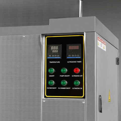 Control panel of Heavy Duty Industrial Ultrasonic Parts Washer 81 Gallon Tank shows settings for temperature and ultrasonic timer.
