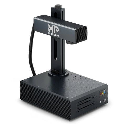 Side view of the Auto Focus 60W MOPA Fiber Laser Engraver Pro Grade With 3D Deep Engraving 6 Point 9 By 6 Point 9 Inch Work Area Metal Color Marking Machine For Aluminum Steel Gold And More.