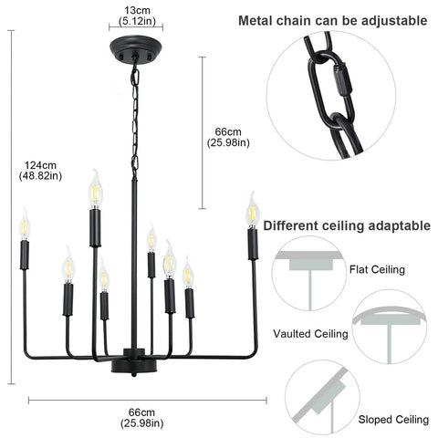 Black Farmhouse Eight Light Candle Chandelier Modern Pendant Fixture For Dining Room Kitchen Island Bedroom Entryway And Foyer Dope Industrial Vibe With E12 Base