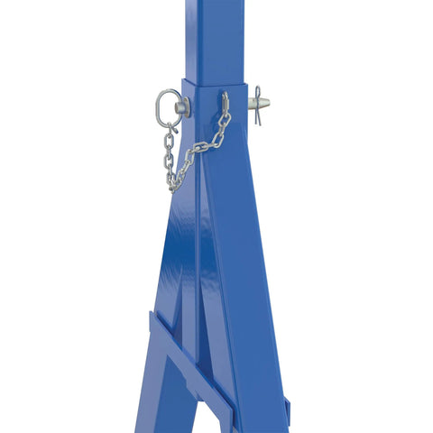 Close-up of heavy duty welded steel fixed gantry crane with blue powder coat and locking chain detail.