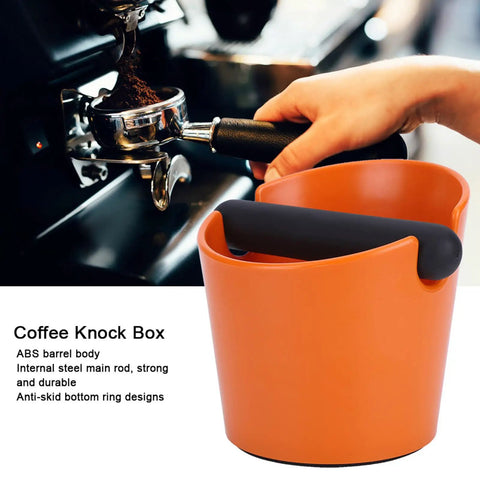 Orange ABS Coffee Knock Box 2.5L Open Top With Non Slip Base for home cafes, showing deep bowl design and easy knockout feature