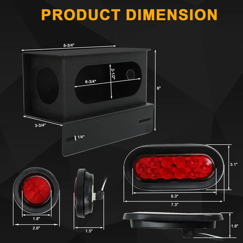 Two Piece Welded Steel Trailer Light Kit with dimension details of 6 inch oval red tail lights and 2 inch round marker lights.