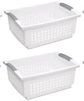Medium Stacking Baskets Pack Of 6 With White Finish And Titanium Accents, Durable Plastic Organizer Bins shown in grid layout.