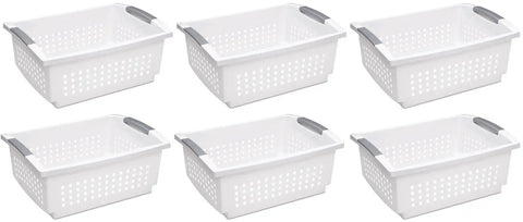 Medium Stacking Baskets Pack Of 6 With White Finish And Titanium Accents, Durable Plastic Organizer Bins shown in grid layout.
