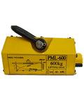 Yellow magnetic lifter with handle, 600 kg capacity, displayed on white background, PML-600 model label visible, no visible release.