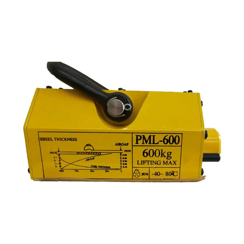 Yellow magnetic lifter with handle, 600 kg capacity, displayed on white background, PML-600 model label visible, no visible release.