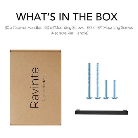 30 Pack Square Cabinet Handles In Matte Black Stainless Steel For Kitchen Drawers, box with screws and handle
