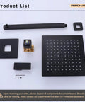 Product components of Matte Black Shower Faucet Set With Rain Shower Head And Handle, Wall Mounted Shower Trim Kit With Solid Brass Rough-In Valve, 10-In Square Rain Head, 16-In Shower Arm, Zinc Alloy Handle, Easy Install Home Spa Upgrade.