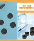 30 Pack Black Syringe Caps For Lab Use, Tight Fit PP Caps With Easy Dispensing, Leak-Proof Design, Precise Tip Caps And Stoppers For Industrial And Scientific Applications. Black syringe caps shown with syringe and vial on lab background.