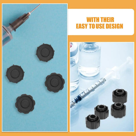 30 Pack Black Syringe Caps For Lab Use, Tight Fit PP Caps With Easy Dispensing, Leak-Proof Design, Precise Tip Caps And Stoppers For Industrial And Scientific Applications. Black syringe caps shown with syringe and vial on lab background.