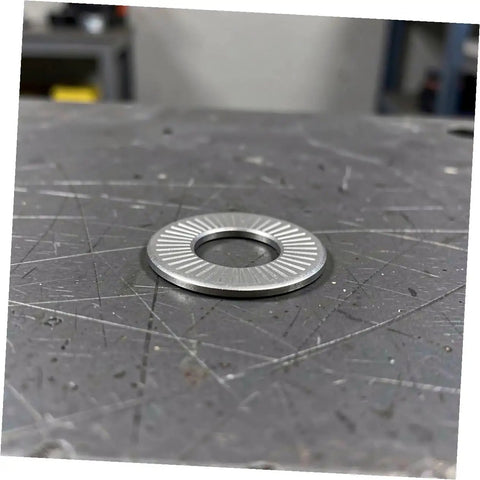 Built Different M6 Stainless Steel Belleville Washers 40 Piece Conical Spring Lock Plate Assembly on metal surface.