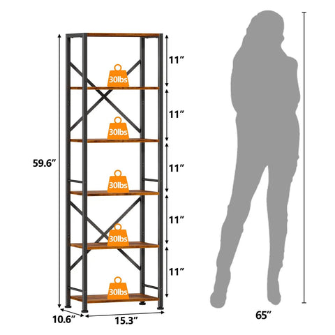 Dimensions of Dope Industrial Style 6 Tier Tall Bookshelf For Tight Spaces, Narrow Display Shelf Unit In Metal And Wood, Rustic Brown Finish