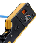 Close-up of All In One RJ45 Pass Through Crimp Tool For Cat5e Cat6 Cat6a Data Cables Built In Wire Stripper And Cutter in yellow.