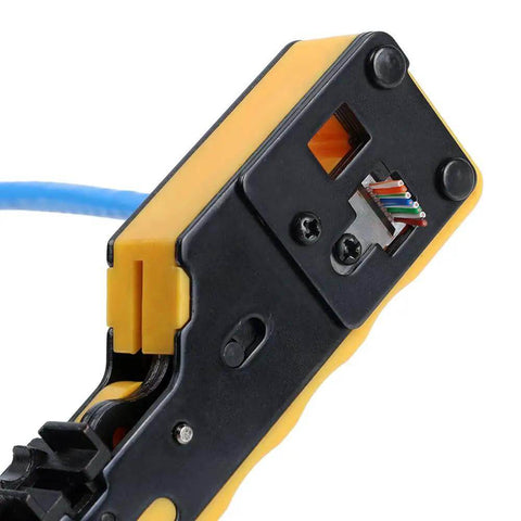 Close-up of All In One RJ45 Pass Through Crimp Tool For Cat5e Cat6 Cat6a Data Cables Built In Wire Stripper And Cutter in yellow.