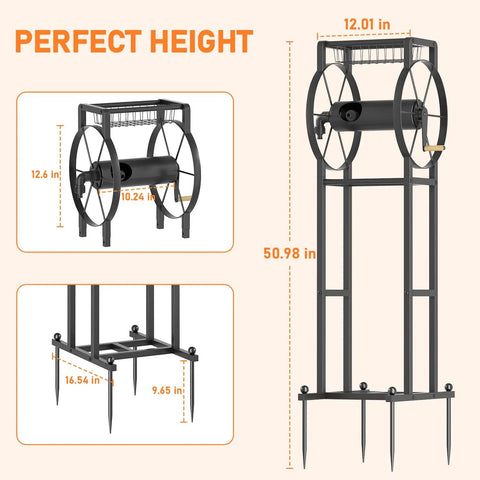 Heavy-Duty Hose Reel Stand With Storage Rack, 125 Feet, Five Eighth Inch Hose Organizer, Includes Four Ground Spikes And Hooks, Black