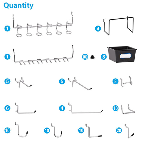 Slick Shop Pegboard Organizer And Hook Lock Kit With Heavy Duty Storage Bins, various metal hooks and storage bin for workshop tools.