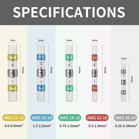Specifications of Heavy Duty 200 Pcs Waterproof Solder Seal Wire Connectors 18 16 Gauge Green Heat Shrink Butt Terminal Splices.
