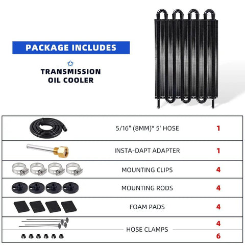 Package contents for Eight Row Transmission Cooler Kit Universal 8 Pass Trans Cooler Aluminum Remote Oil Cooler Radiator.