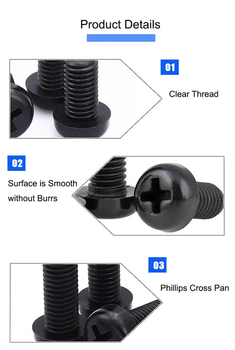 Heavy Duty Black Nylon Phillips Pan Head Machine Screws M2.5 X 6mm with clear threads and smooth surface.