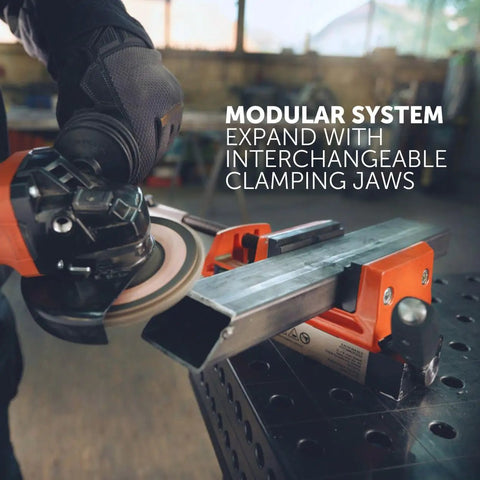 VersaMag Magnetic Vise Set With Two Rotor System in use on a workbench, showing modular system and interchangeable clamping jaws.